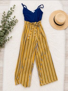 Sleeveless Navy & Mustard Striped Paperbag-Waist Jumpsuit